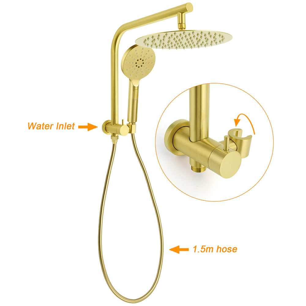 Brushed Gold Round Large 12" Rain Shower Head 3 Mode Handheld Wall Arm Mixer Set