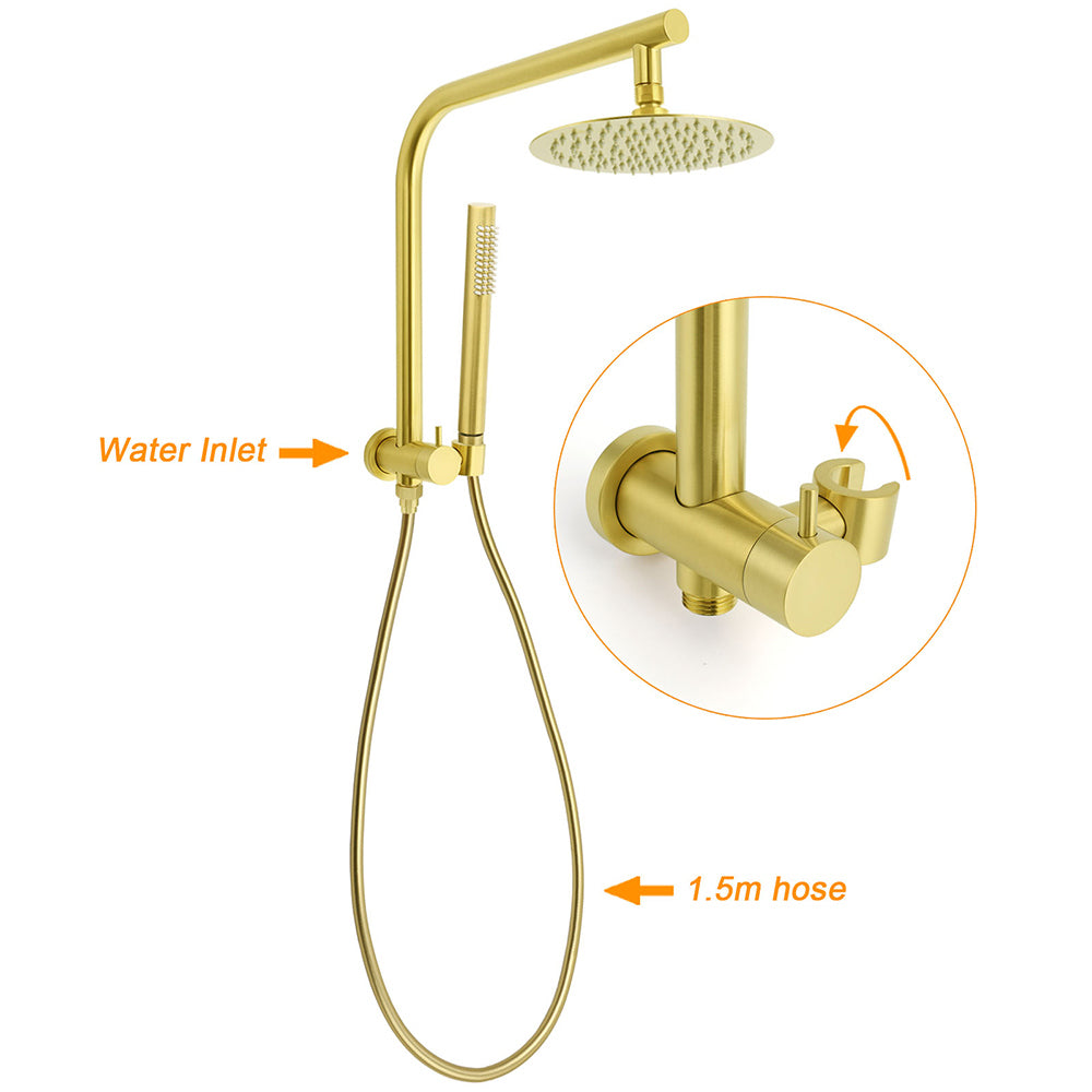 WELS Brushed Gold Round 2in1 Shower Head Set Diverter Wall Arm Stainless Steel Handheld + Taps