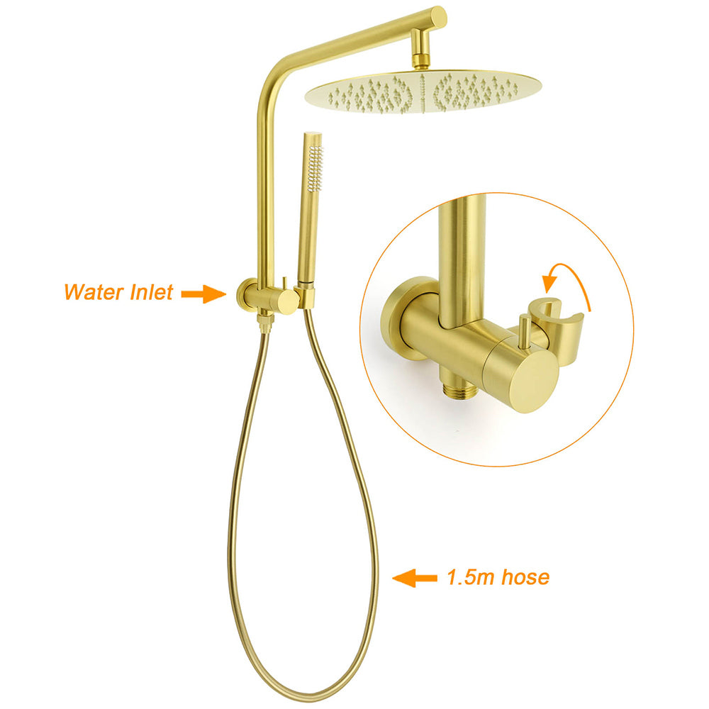 WELS Brushed Gold Large 12" Rain Shower Head Ergonomic Handheld Rose Diverter Twin Taps Combo