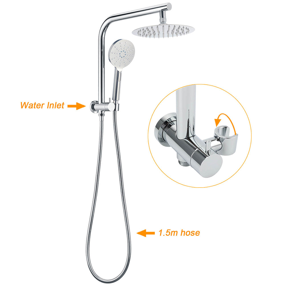 WELS 2in1 Shower 8" Round Chrome Head 3 Mode Handheld Rose Gooseneck Arm Set