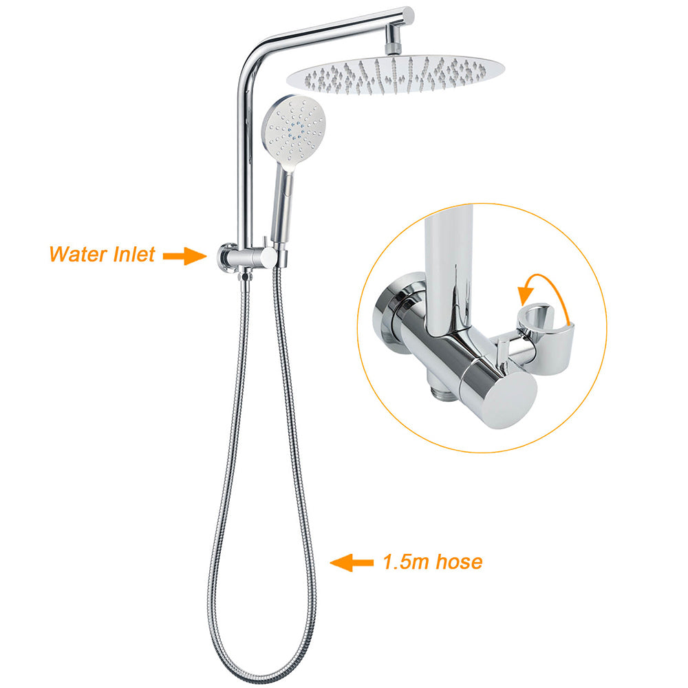 WELS Chrome Double Round Shower Head Set 12" Rainfall & 3 Mode Handheld Gooseneck Arm Twin Taps