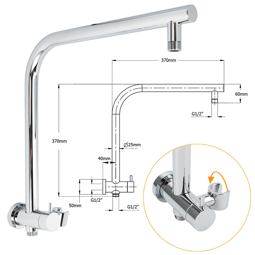 WELS 2in1 Round 12" Shower Head 3 Mode Handheld Gooseneck Arm Diverter Set Drill Free + Taps
