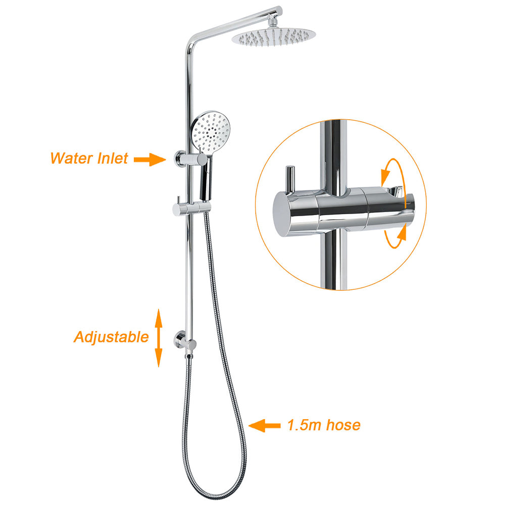 Chrome Round 8" Rainfall Shower Head 3 Modes Handheld Rose Silde Rail Twin Set Mixer