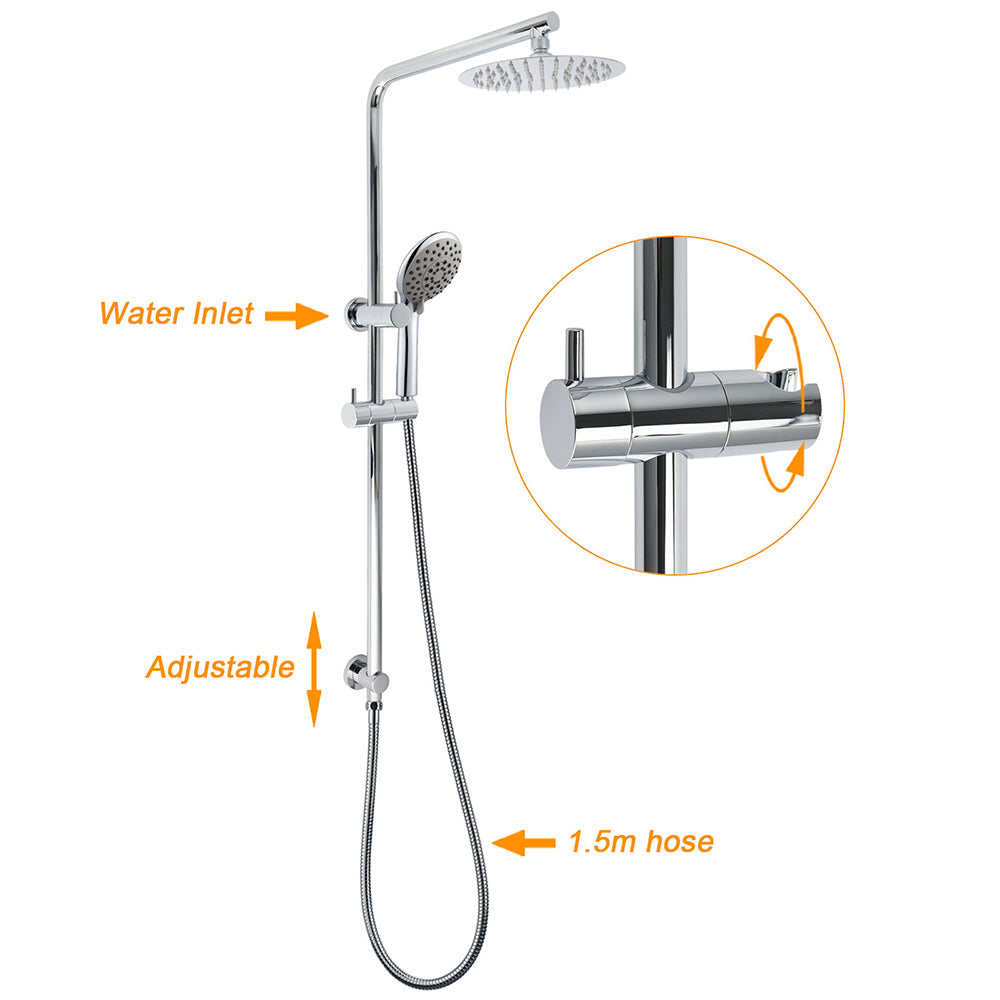 WELS Chrome Dual 8" Slim Rain Shower 5 Modes Rose Mixer Valve Sliding Rail Set + Mixer