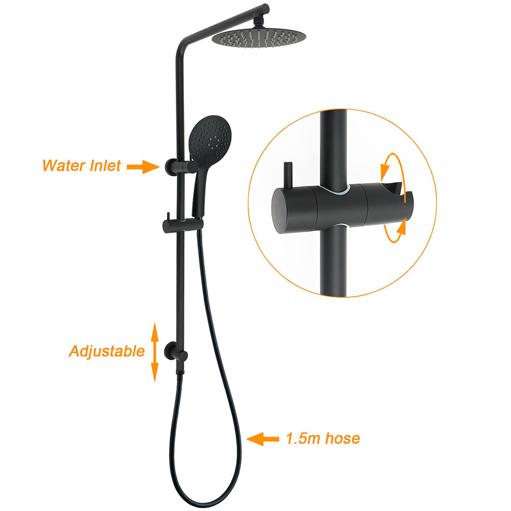 Matt Black Round 8" Shower Head Sliding Rail Arm 3 Modes Handheld Arm Dual Combo