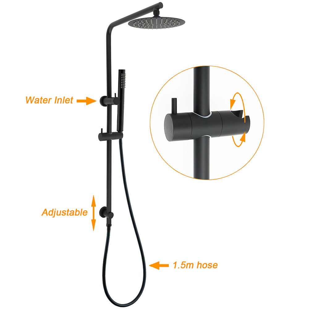 Matt Black Round 8" Rain Shower Head 3 Mode Handheld 2 in 1 Wall Arm Mixer Set
