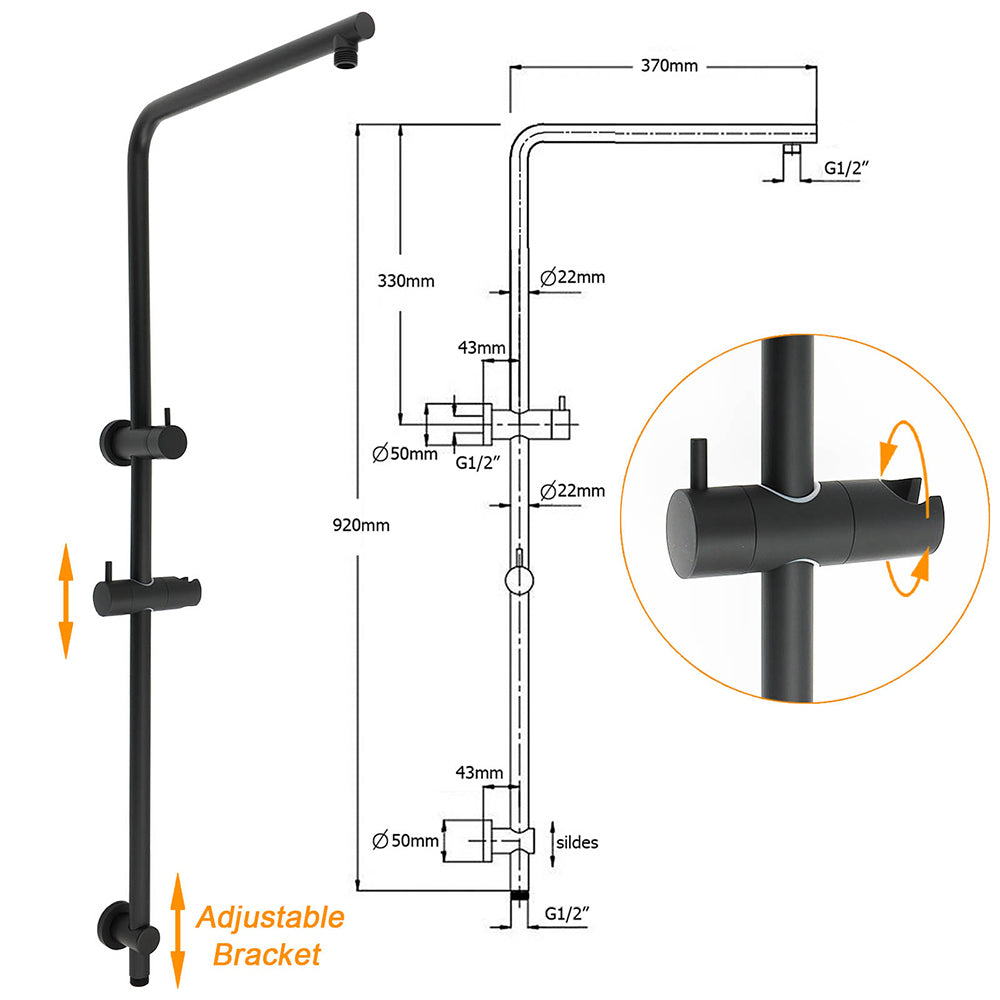 Matt Black Round 10" Rain Shower Head Brass Handheld Slide Rail Riser Arm Twin Taps Set