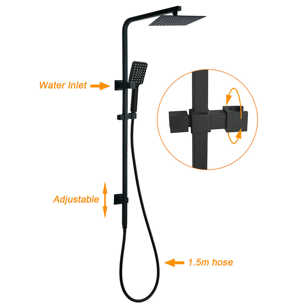 WELS Matt Black 8" Rainfall Shower Head 3 Modes Handheld Wall Rail Arm 2in1 Taps Set
