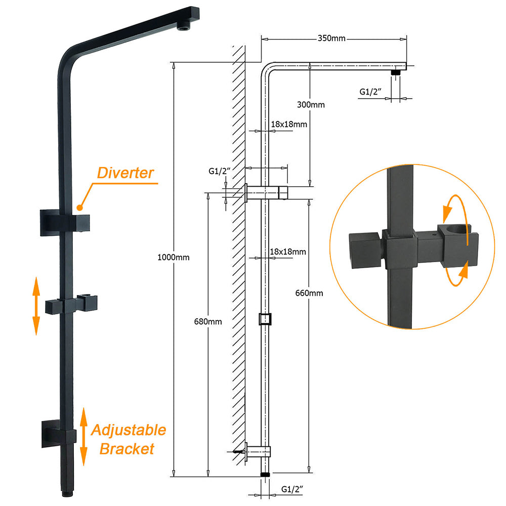 Dual Shower Square Large 12" Rainfall Head 3 Modes Handheld Wall Rail Twin Taps Matt Black