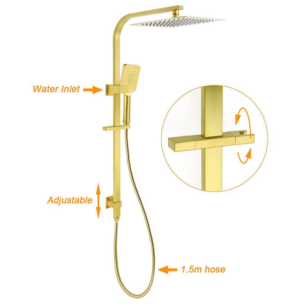 Brushed Gold Square Dual Shower 12" Large Rain Head Handheld Silde Rail Arm 2in1 Set + Mixer