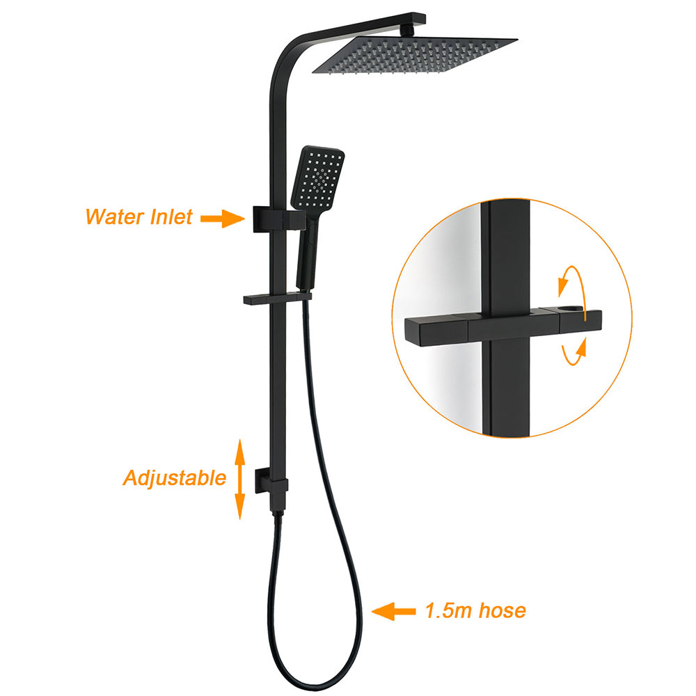 WELS Matt Black Dual Shower Set 10" Square Rain Head Handheld Silde Rail Arm Kit