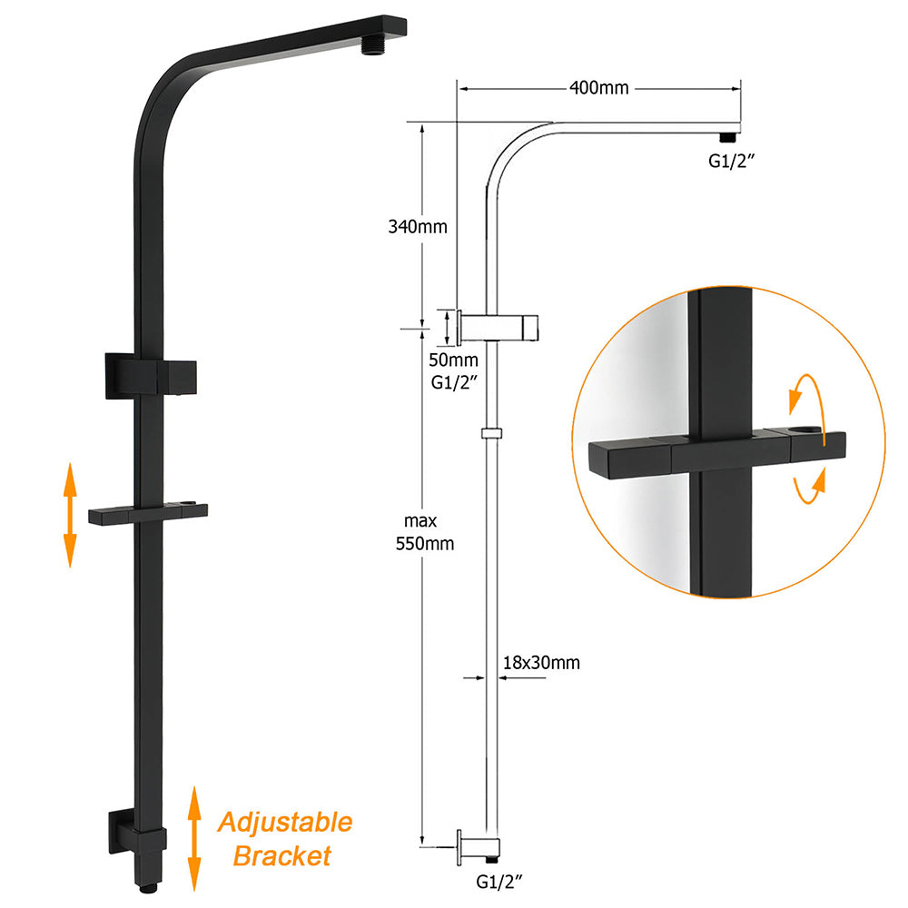Dual Shower Set Matt Black 12" Rainfall Head 3 Modes Handheld Silding Rail Combo Mixer