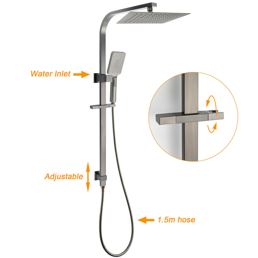 Gun Metal Double Square Shower Head Set 10" Rain Handheld Sliding Rail Diverter