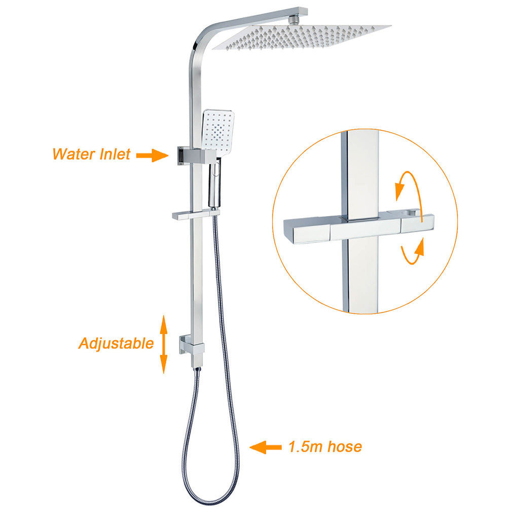 Chrome Dual Square Shower Set 12" Rain Shower Head 3 Function Handheld Rail Arm Mixer