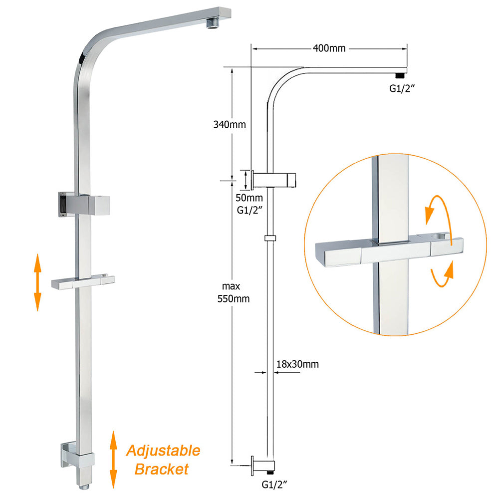 WELS 2 in 1 Square Shower Head Set 10" Rain Handheld Sliding Rail Arm Wall Double Taps
