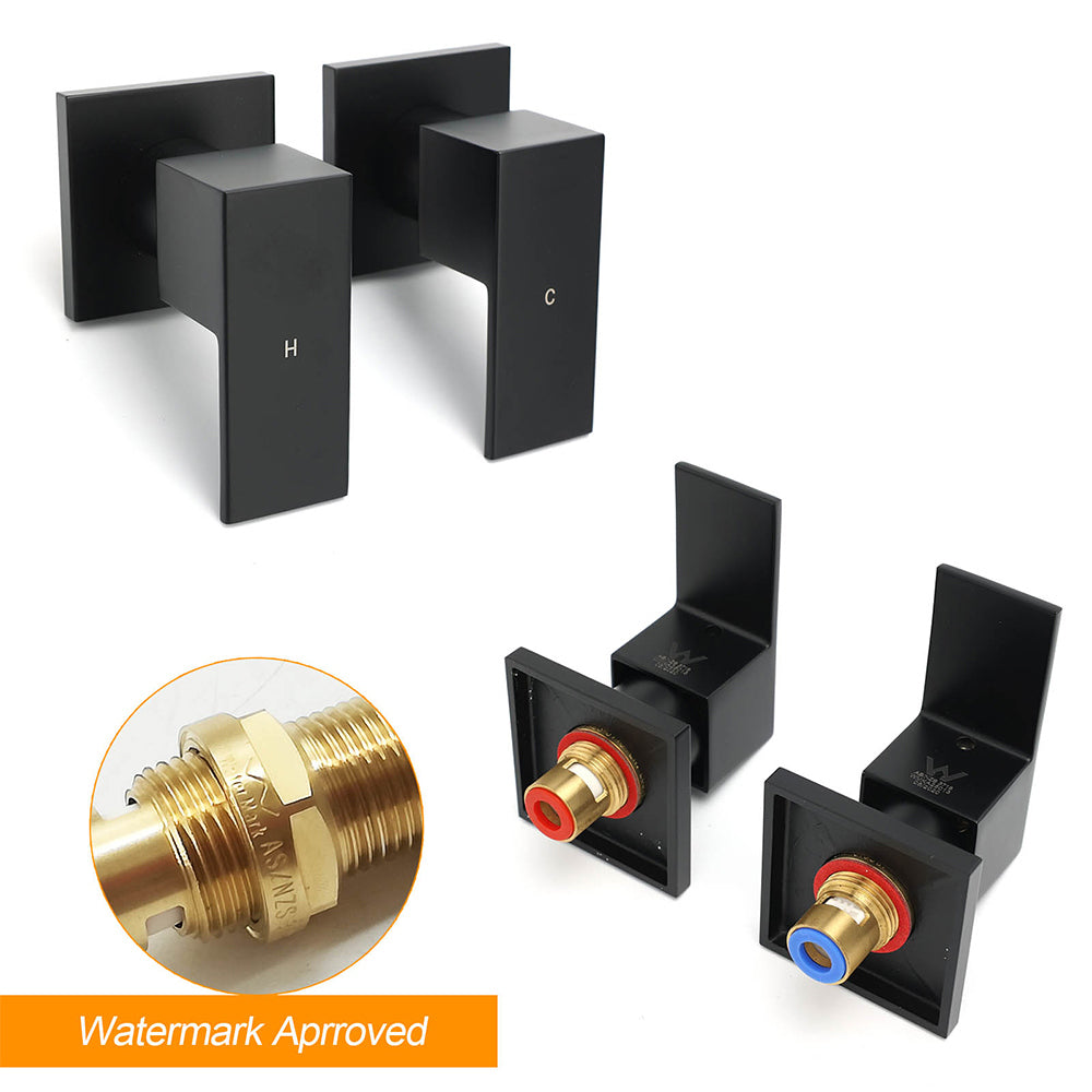 Matt Black Brass 1/4 Turn Round Hot Cold Tap Wall Set For Shower Vanity Spout