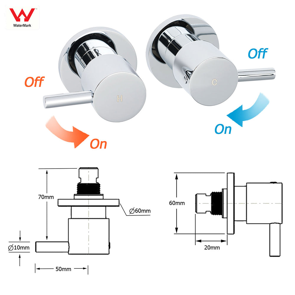 Chrome Brass 1/4 Turn Round Hot Cold Tap Pair Wall Set For Bathroom Shower Vanity Spout