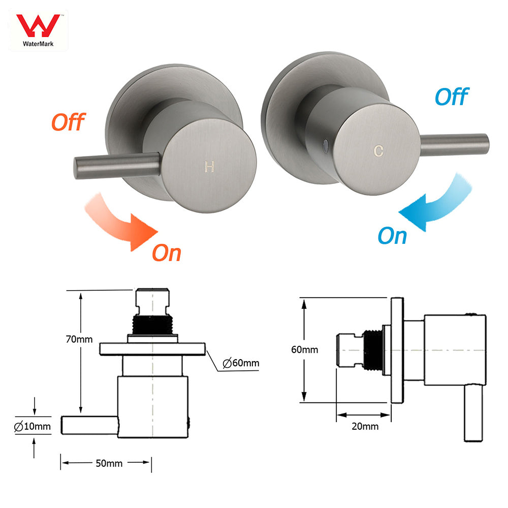Gun Metal Grey Brass 1/4 Turn Round Hot Cold Tap Wall Set For Shower Vanity Spout