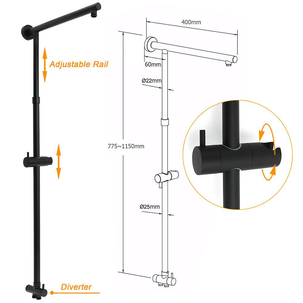 Matt Black 2in1 Round Shower 10" Rain Head 3 Mode Handheld Sliding Rail Diverter Mixer Set