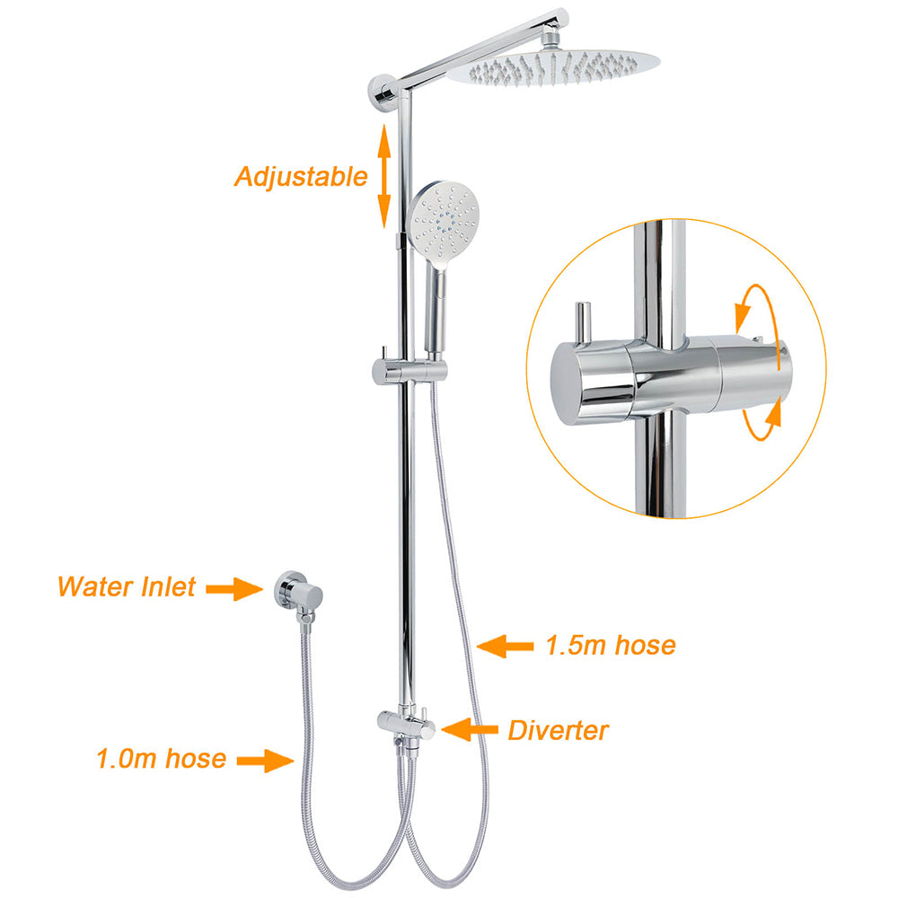 Chrome 10" Round Rain Handheld Daul Shower Head Arm Sliding Rail Wall Mounted Mixer