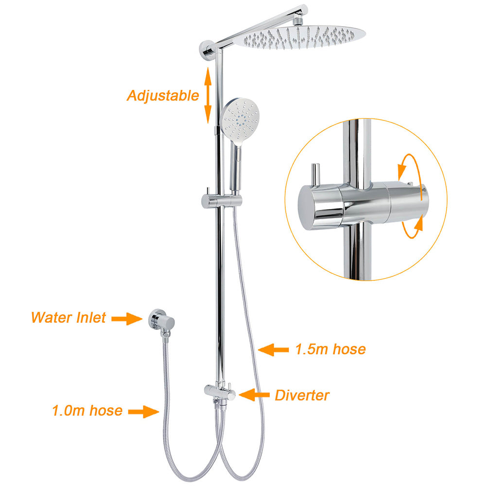 WELS Round Large 12" Rain 2in1 Shower Head 3 Modes Handheld Wall Rail Brass Twin Taps