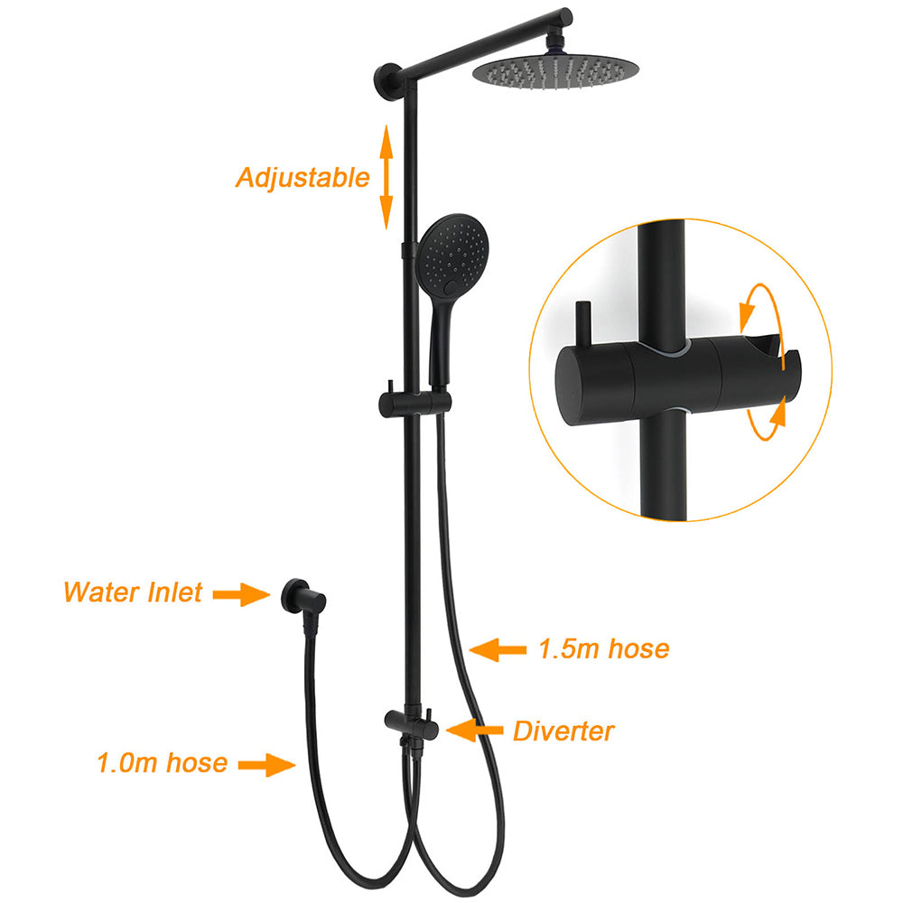WELS Matt Black Twin Shower 8" Round Head Set Sliding Rail 3 Mode Handheld + Taps