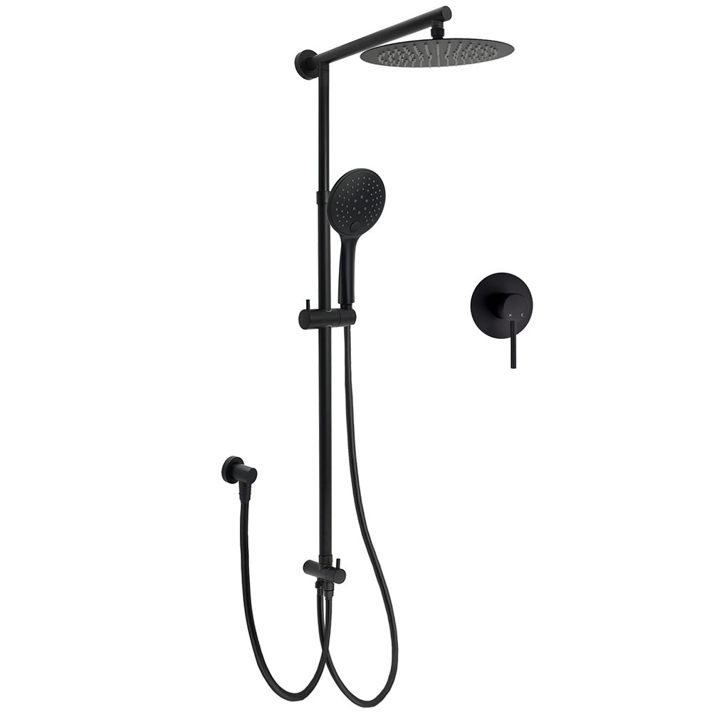 Dual Black Round Shower 10" Rain Head 3 Mode Handheld Sliding Rail Diverter Mixer Set