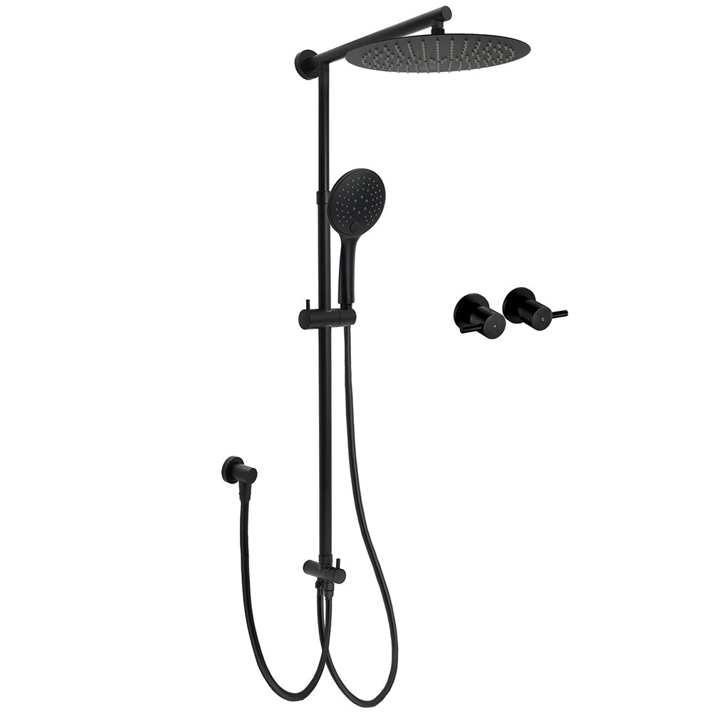 WELS Matte Black 12" 2in1 Round Shower Head Set Handheld Diverter Rail Wall Arm Twin Taps