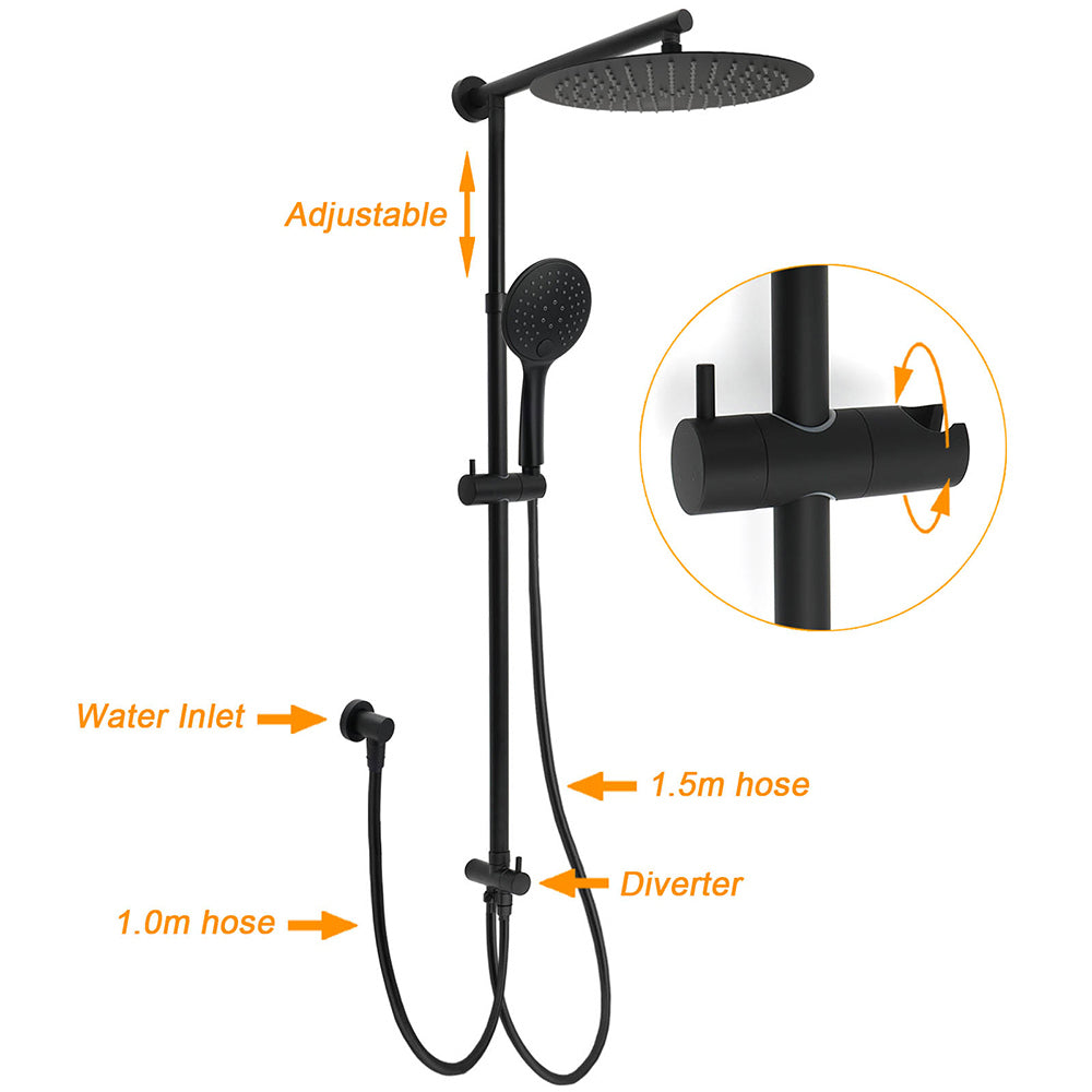 WELS Matte Black 12" Twin Round Shower Head Set Handheld Diverter Rail Wall Arm Mixer