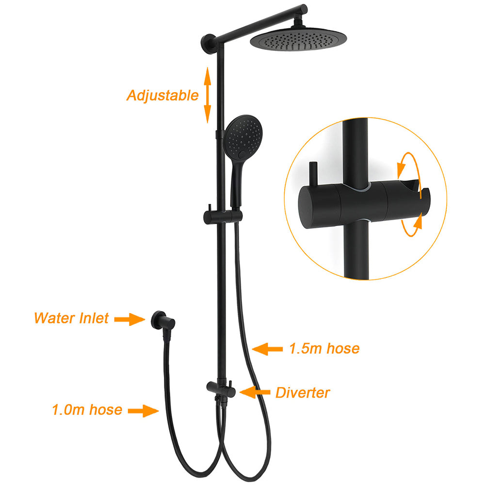 Matt Black 9" Round Rain Shower Head Handheld Adjustable Rail Arm Elbow Twin Set + Single Mixer