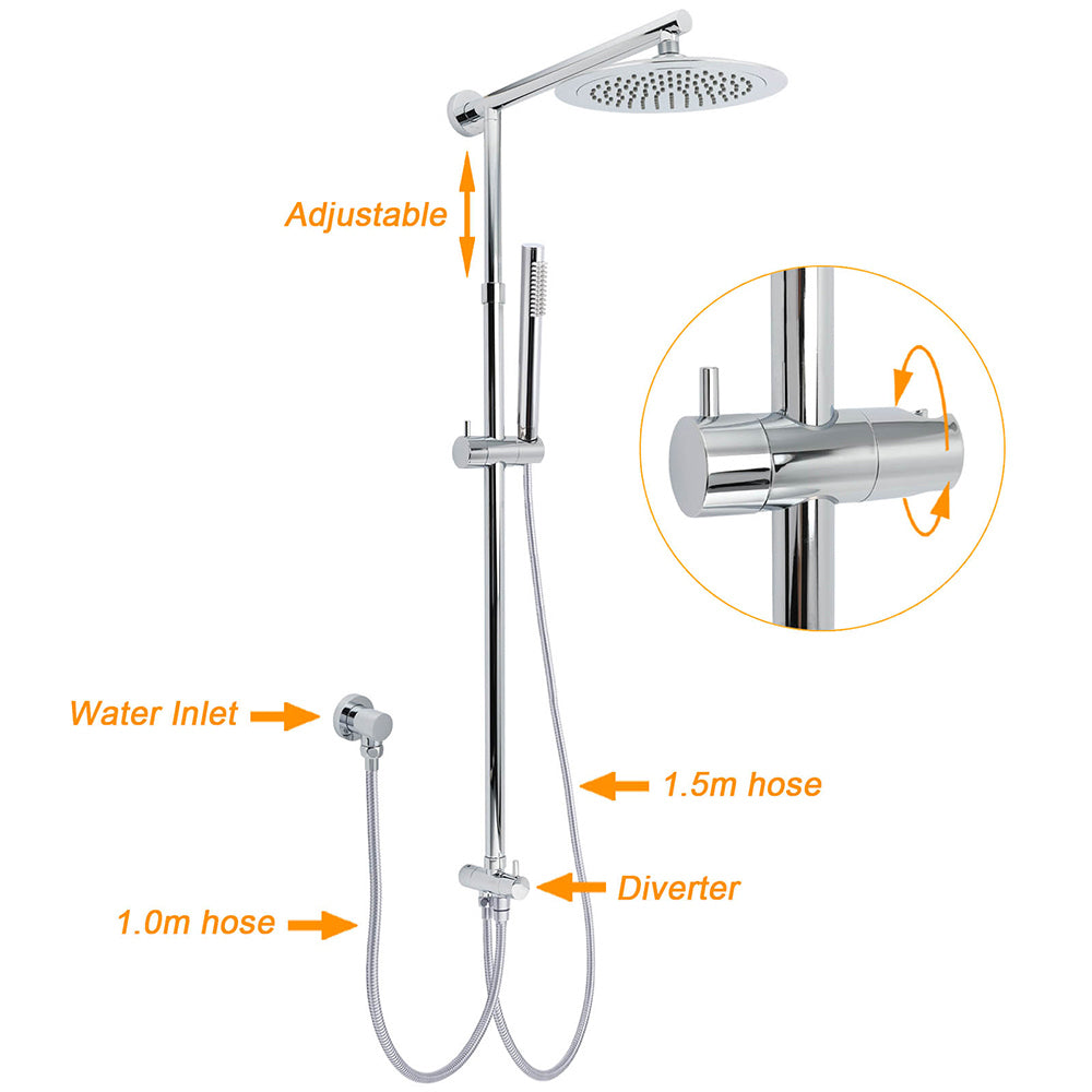 WELS Chrome Round 9" Rainfall Dual Shower Head & Handheld Sliding Rail Wall Arm + Single Mixer