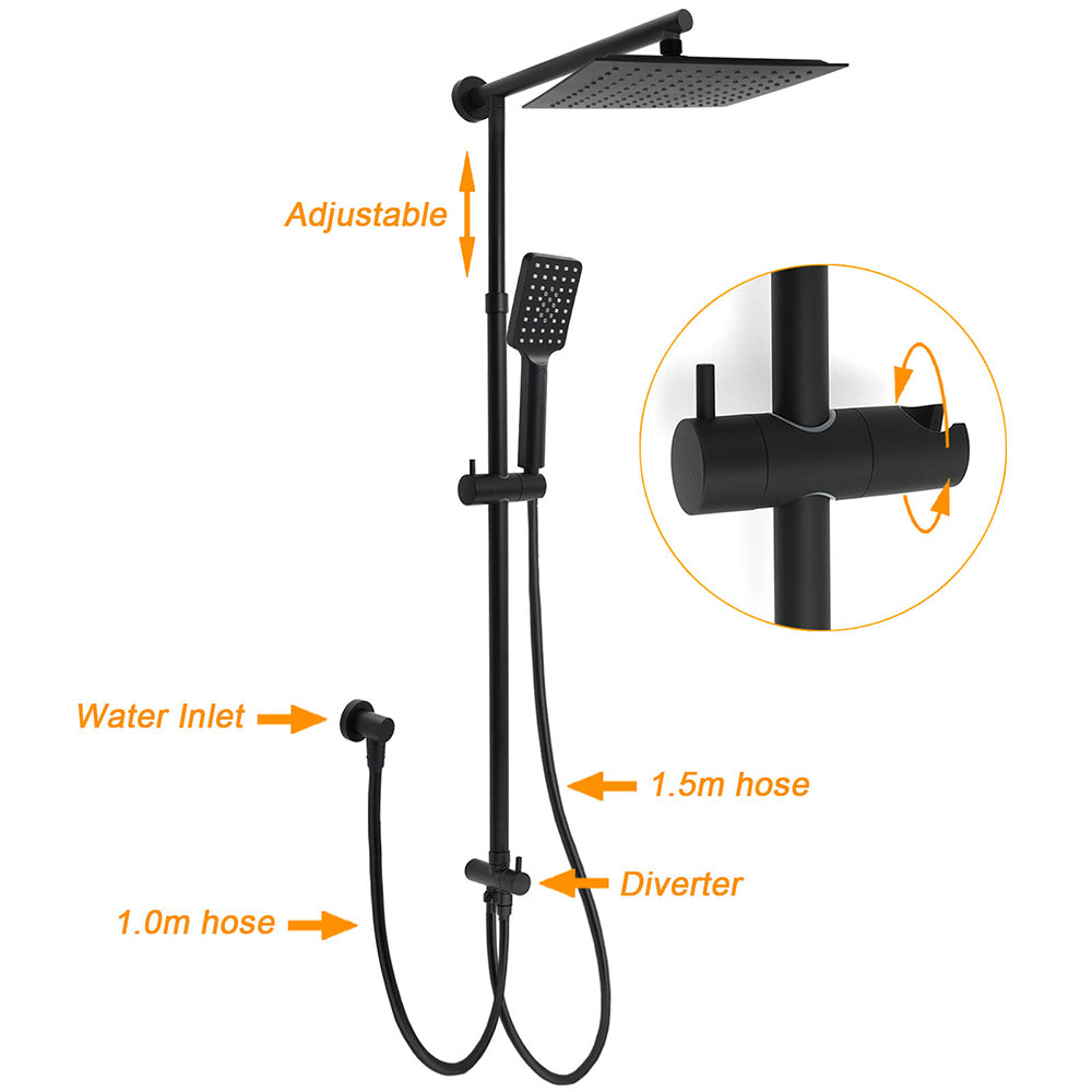WELS Matt Black 2in1 Square 10" Rain Shower Head 3 Mode Handheld Adjustable Rail Twin Taps Set