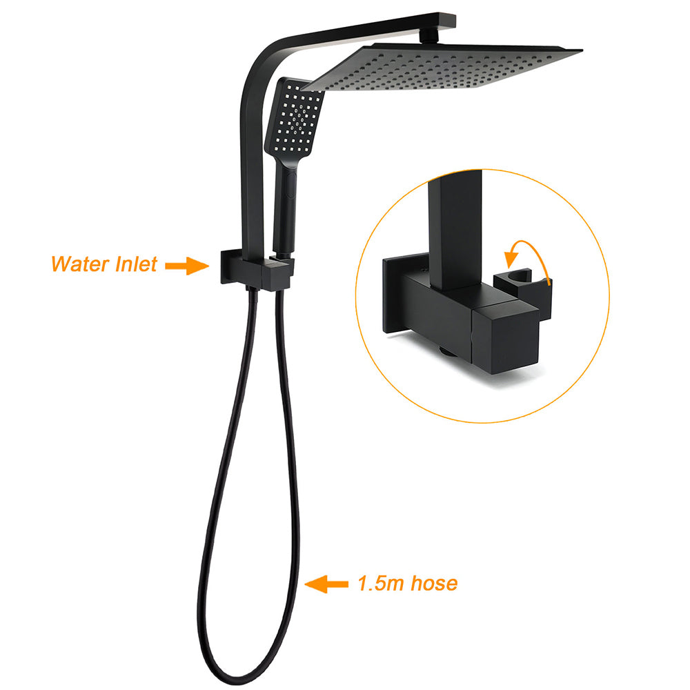 WELS Matt Black 10" Rain Shower Head 3 Mode Handheld Gooseneck Arm Diverter 2in1 Set Mixer