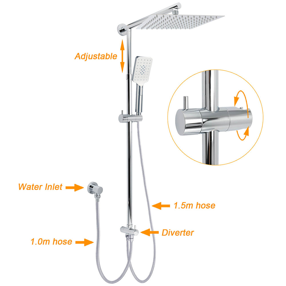 Chrome Square 10" Twin Shower Head Handheld Sliding Rail Set Wall Inlet Elbow With Mixer