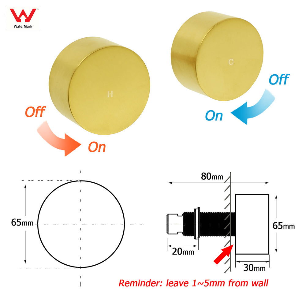 Brushed Gold 1/4 Turn Round Knob Hot Cold Tap Wall Set For Shower Vanity Spout