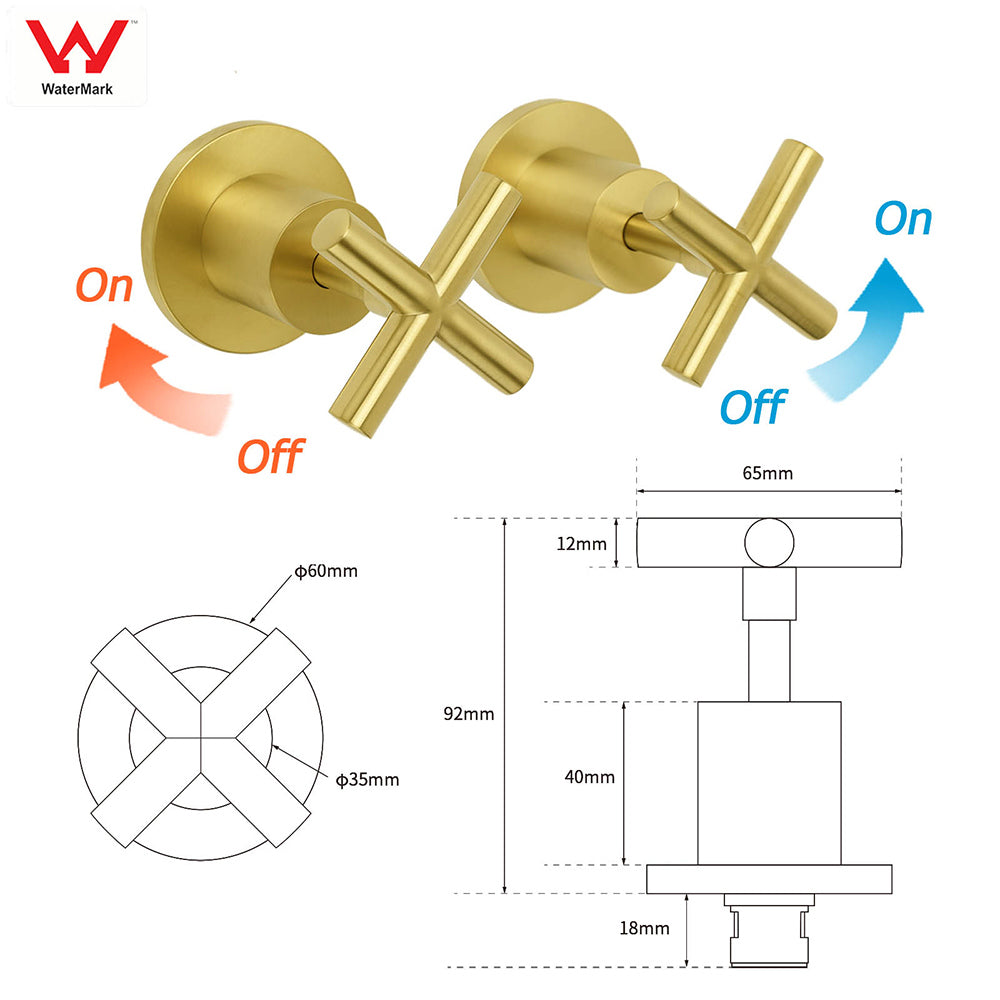 Brushed Gold Shower 1/4 Turn Twin Taps Basin Bath Spout Hot Cold Water Mixer Set