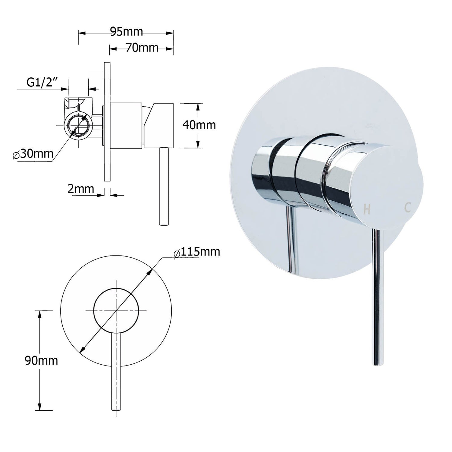 Watermark Round Pin Lever Hot Cold Water Mixer Bathroom Shower Tap Valve Chrome