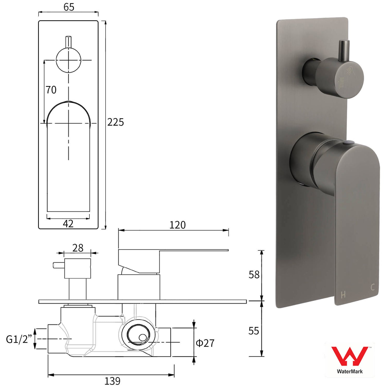 Gun Metal Grey Square Wall Mounted Shower Mixer Diverter 2 Ways Switch Valve Set