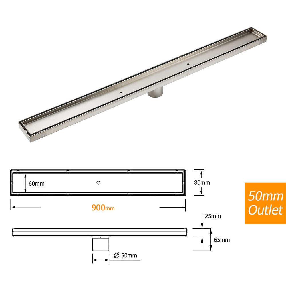 WaterMark Brushed Steel 900mm Tile Insert Shower Grate Floor Drain 50mm Outlet