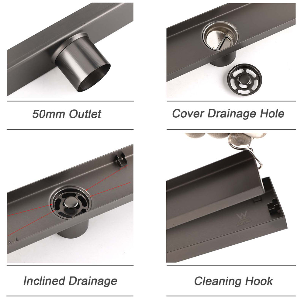 Gun Metal Bathroom Tile Insert 800mm Linear Shower Grate Floor Drain 50mm Waste