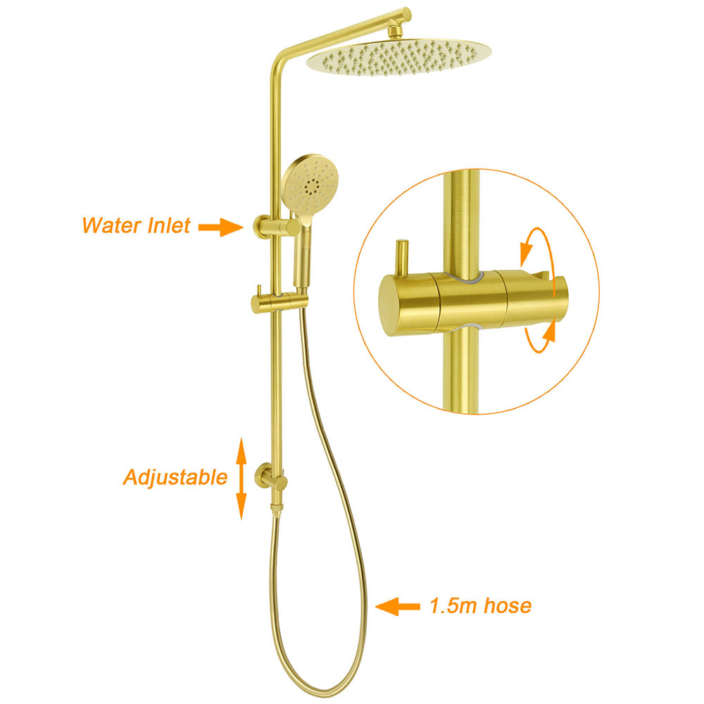 WELS Brushed Gold Twin Shower Large Round 12" Rain Head Handheld Silde Wall Rail Arm Mixer