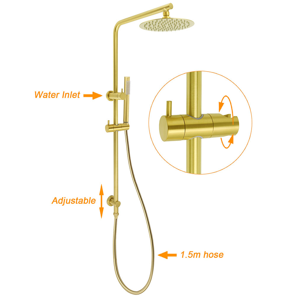 Brushed Gold 2in1 Shower Set 8" Round Head Stainless Steel Handheld Sliding Rail Arm + Twin Taps