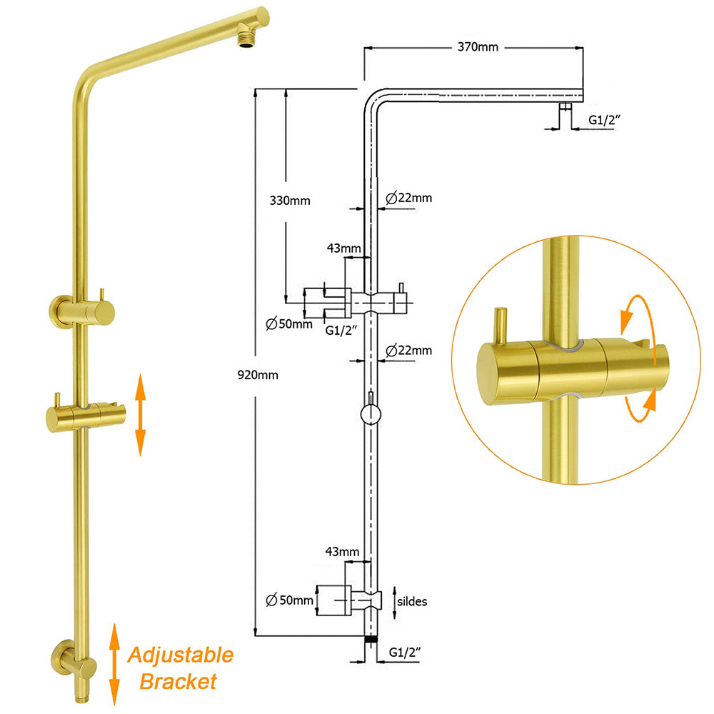WELS Brushed Gold Twin Shower Large Round 12" Rain Head Handheld Rose Silde Wall Rail Arm Mixer