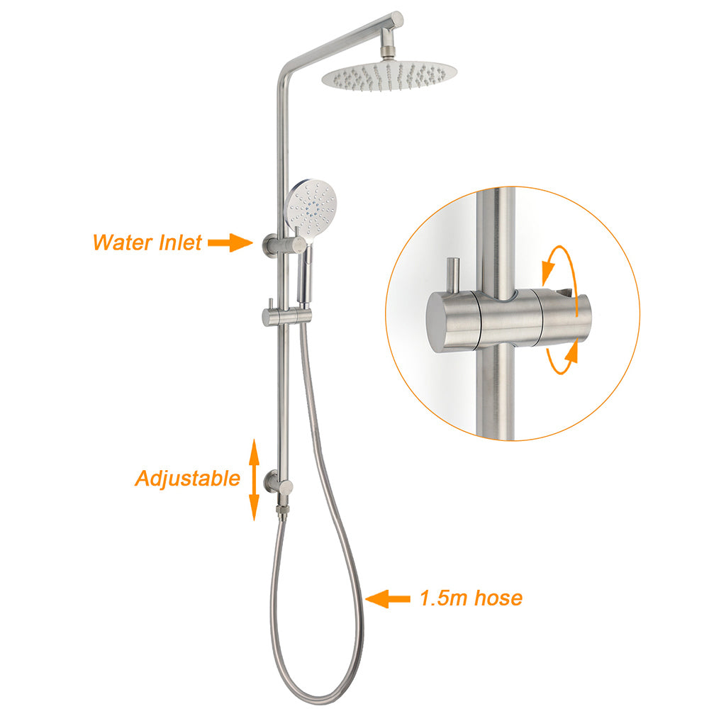 Brushed Nickel Dual Shower Set Sliding Rail Arm 8" Round Head Handheld Twin Taps Valve