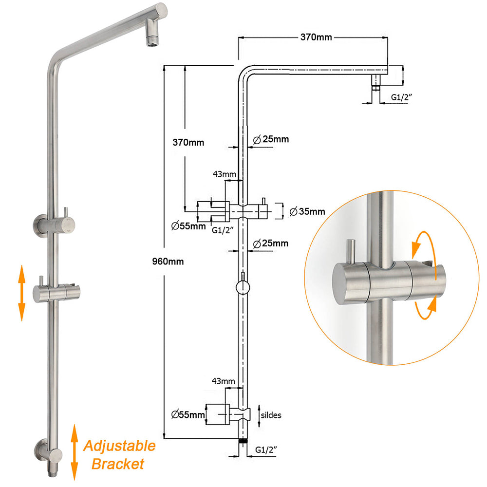 WELS Brushed Nickel Dual Shower Set Sliding Rail Arm 12" Round Head Handheld 2 Way Diverter