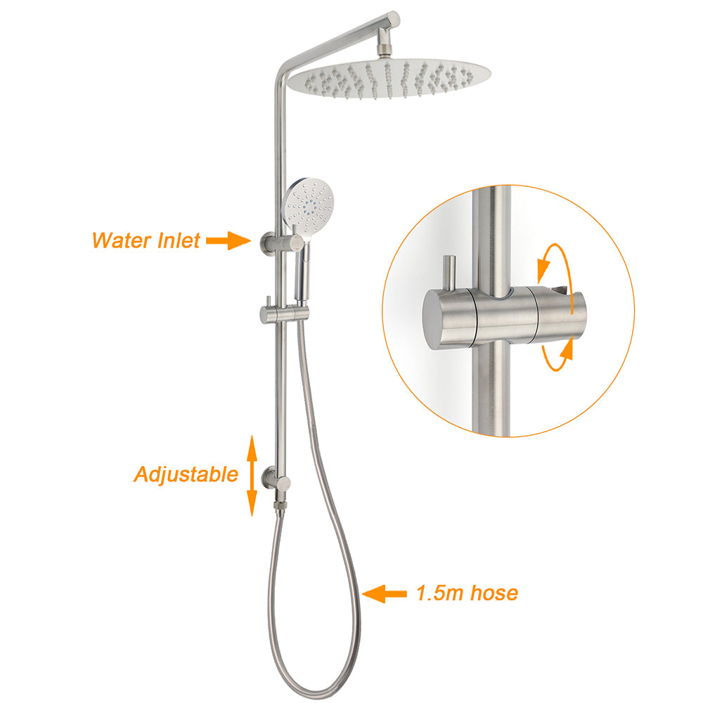 Brushed Nickel 2in1 Shower Set Sliding Rail Arm 12" Round Head Handheld Twin Taps Hot Cold Water Control