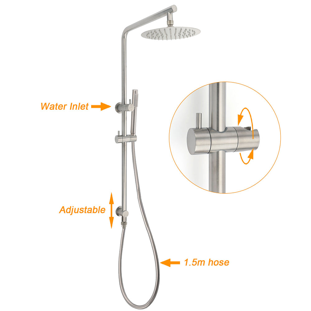 WELS Brushed Nickel 2in1 Shower Set Sliding Rail Arm 8" Round Head Stainless Steel Handheld Rose