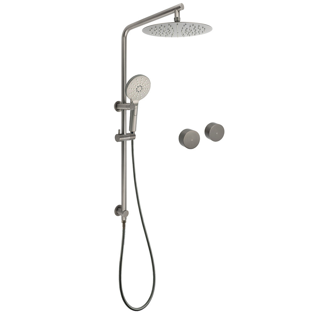 WELS Gun Metal Round 10" Twin Shower Head 3 Modes Handheld Slide Rail Hot Cold Taps Set