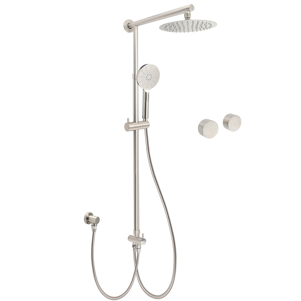 Brushed Nickel Round 8" SUS Rain Head Shower Handheld Sliding Rail Arm Chrome Set + Twin Taps