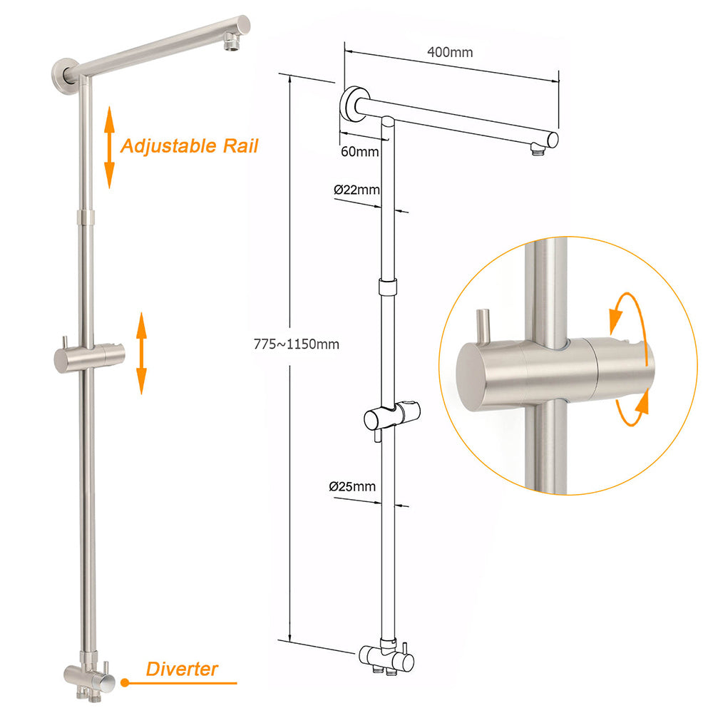 Brushed Nickel 2in1 Set Round 12" Rain Head Shower Single Mode Handheld Sliding RailWall Mixer